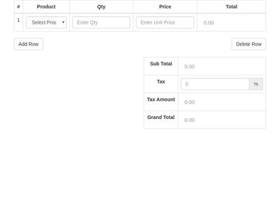 Product Invoice Dynamic Table with Alert