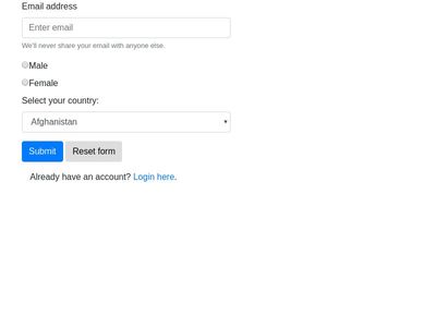 Bootstrap sign up form with all countries and reset button