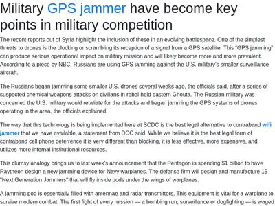 <body> <h1>Military <a href="https://www.perfectjammer.com/gps-blockers-jammers.html">GPS jammer</a> have become key points in military competition</h1> <p>The recent reports out of Syria highlight the inclusi