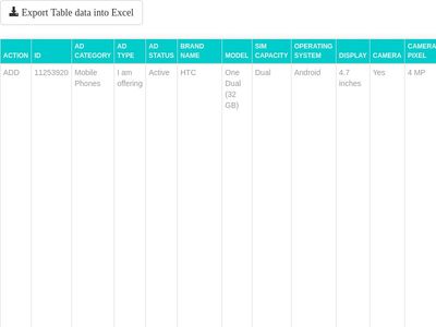 Export table data to excel in csv format.