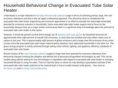 Household Behavioral Change in Evacuated Tube Solar Heater