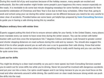 Irwin Consulting Services Review: Tips to a safe driving this winter season